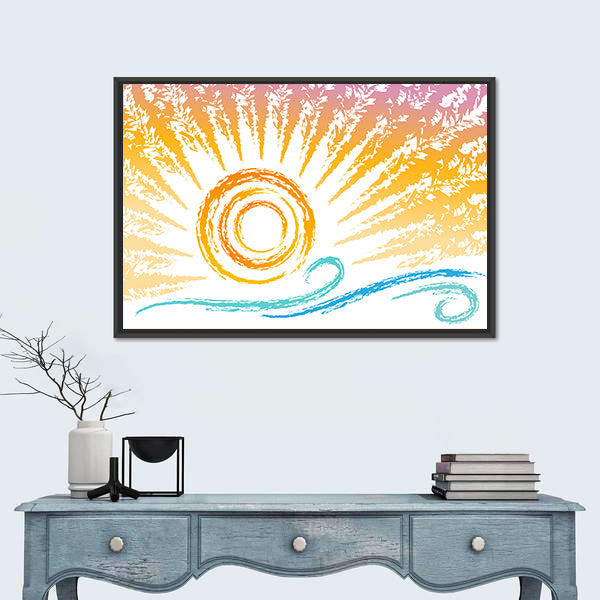 Stylized Sun and Ocean Waves Canvas Wall Art