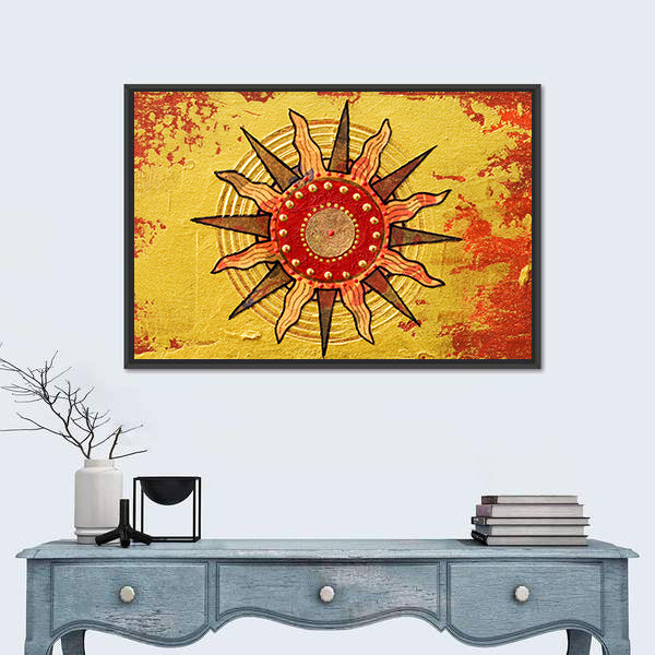 Radiant Golden Sun with Red Disc Canvas Wall Art