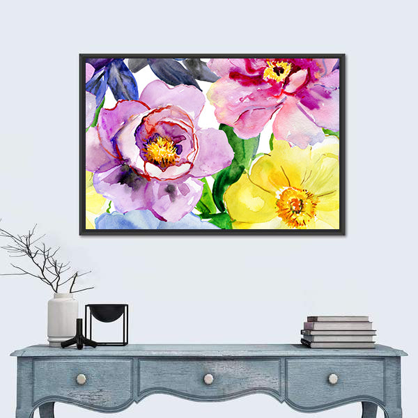 Seamless Watercolor Peonies and Poppies Canvas Wall Art