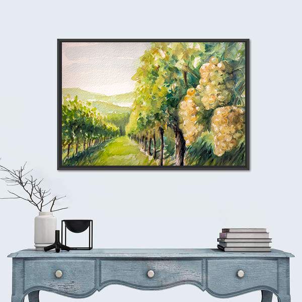 Sunlit Watercolor Vineyard Canvas Wall Art