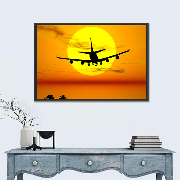 Airplane Silhouette Over Tropical Sunset Canvas Wall Art