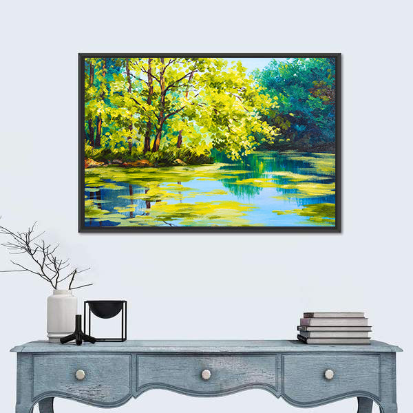 Sunlit Forest Lake Canvas Wall Art
