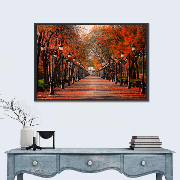 Red Autumn Park Pathway Canvas Wall Art