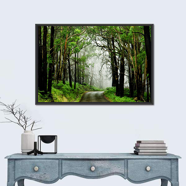 Forest Road With Fog Canvas Wall Art