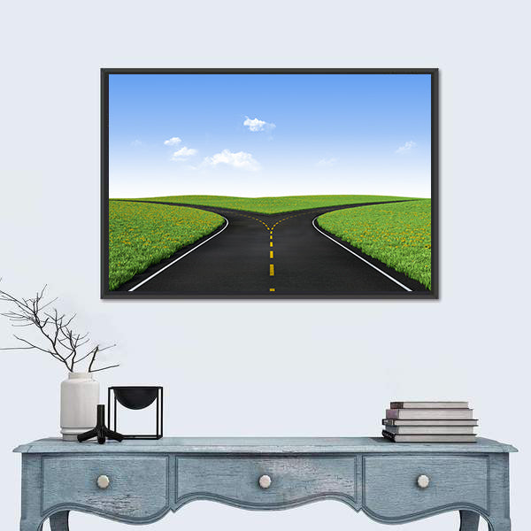 Forked Road in Sunlit Meadows Canvas Wall Art