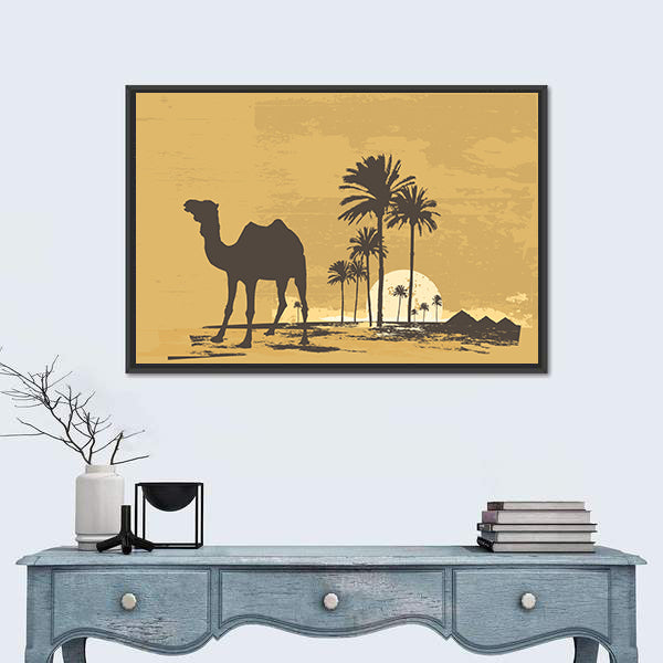African Desert Sunset with Camel Silhouette Canvas Wall Art