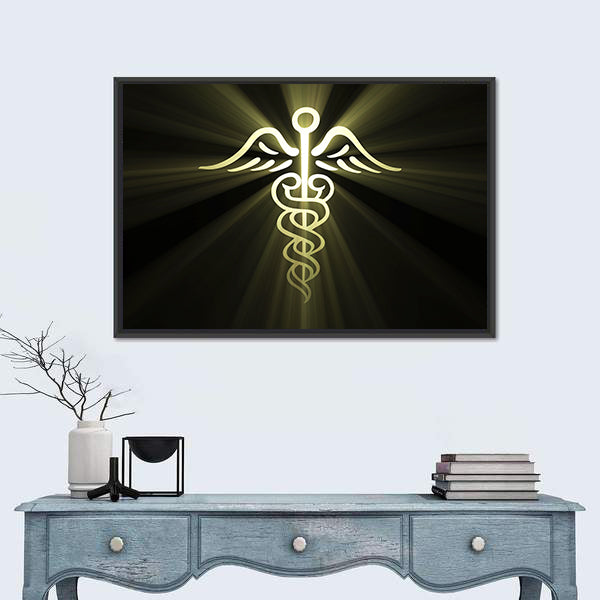 Golden Caduceus with Radiant Light Canvas Wall Art