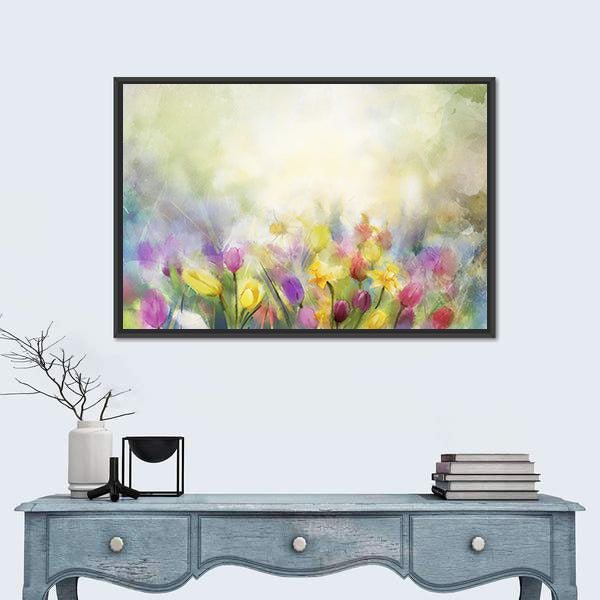Watercolor Daffodil and Tulip Meadow Canvas Wall Art