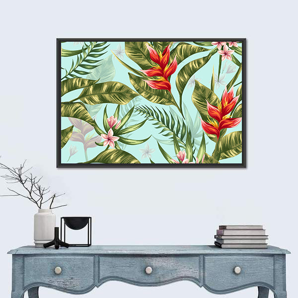 Tropical Heliconia and Plumeria Pattern Canvas Wall Art