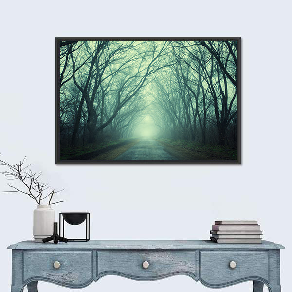 Mysterious Path In Dark Autumn Forest Canvas Wall Art