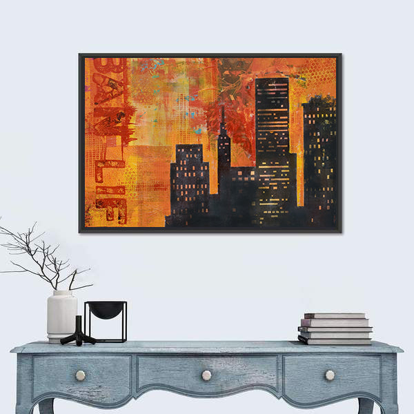 Abstract Urban Skyline with Stenciled Text Canvas Wall Art