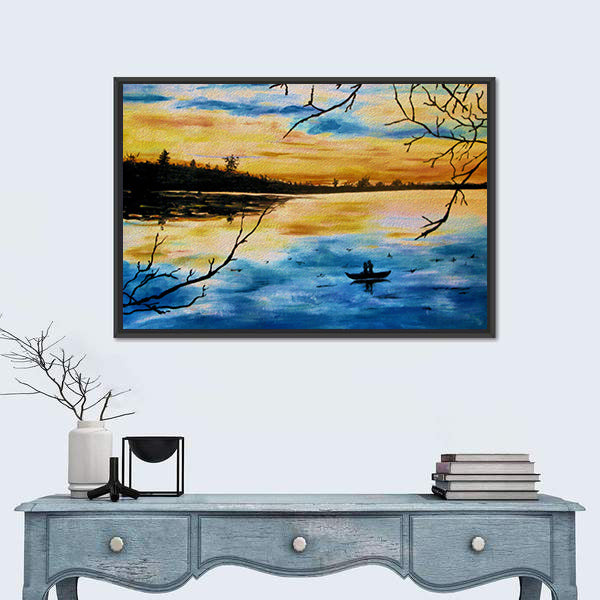 Lovers in a Boat at Sunset Canvas Wall Art