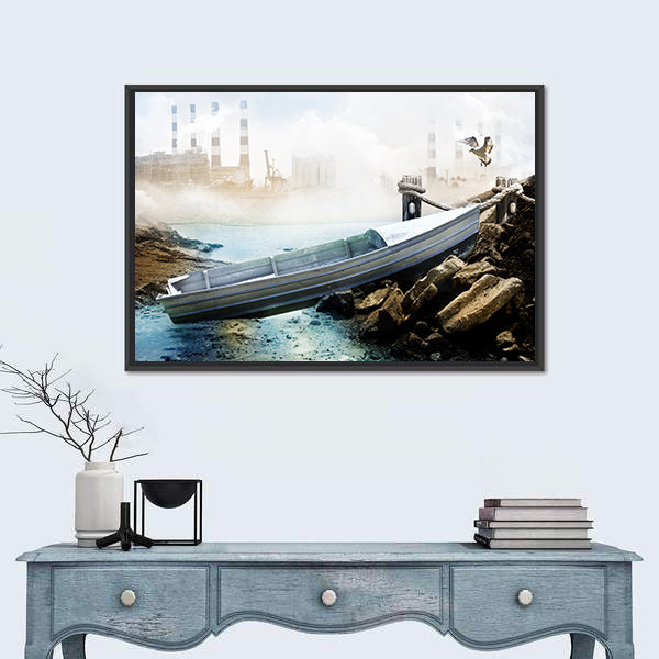 Weathered Boat at Industrial Shoreline Canvas Wall Art