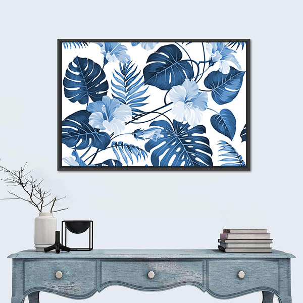 Navy Blue Tropical Leaves Pattern Canvas Wall Art