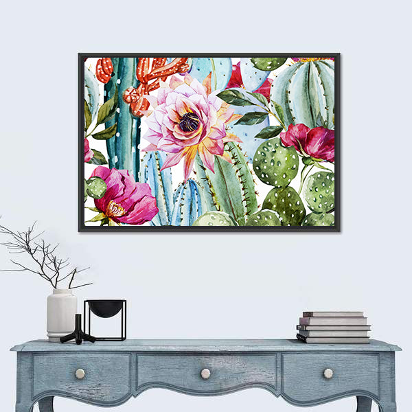Watercolor Cactus Pattern with Pink Blooms Canvas Wall Art