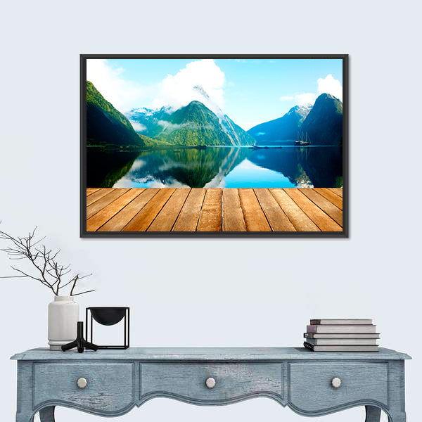 Wooden Pier and Mountain Lake Canvas Wall Art