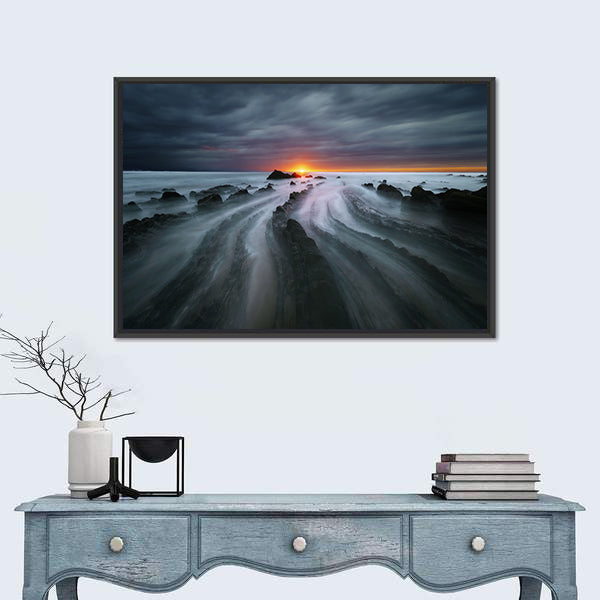 Flysch Rocks In Barrika Beach At The Sunset Canvas Wall Art