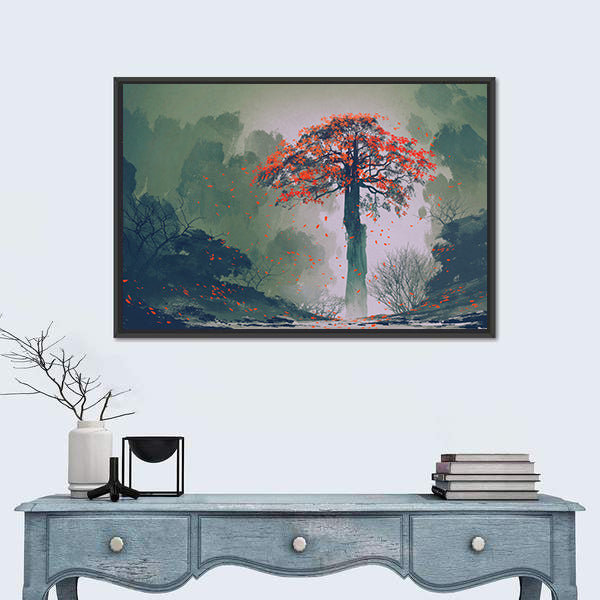 Misty Red Tree in Autumn Forest Canvas Wall Art