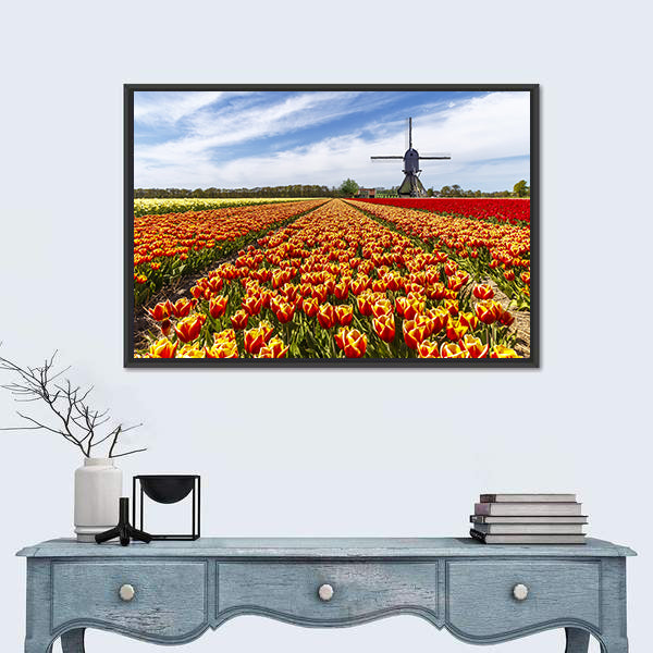 Colorful Tulip Field with Dutch Windmill Canvas Wall Art