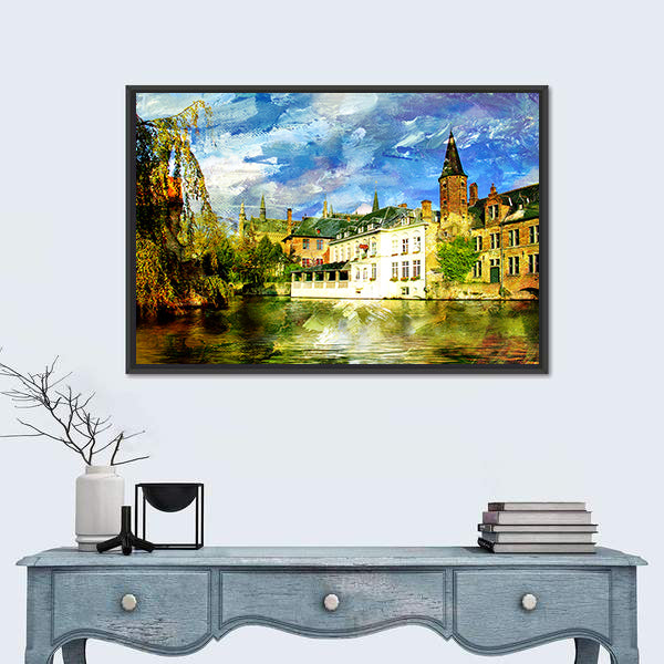 Belgian Canal in a Small Town Canvas Wall Art