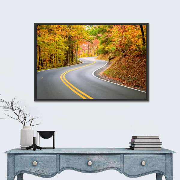 Winding Road Through Fall Forest In Appalachian Mountains Canvas Wall Art