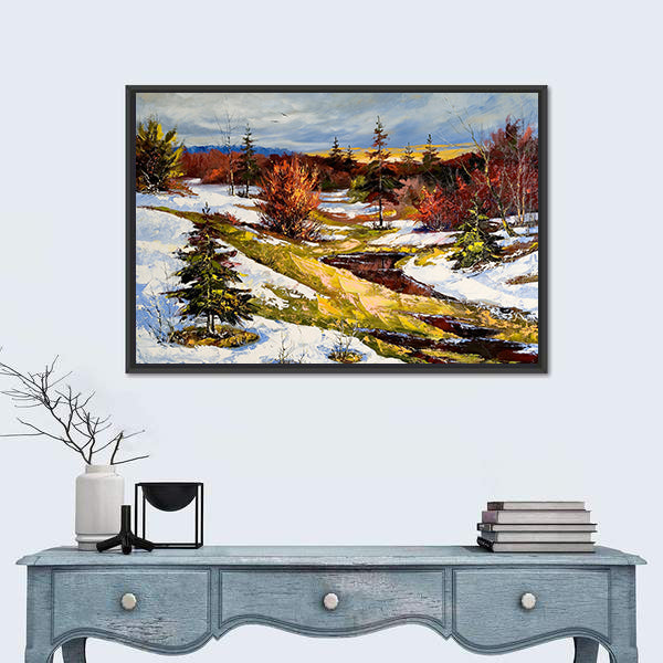Snowy Stream at Sunset Canvas Wall Art