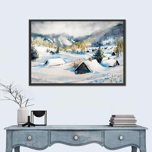 Snowy Mountain Village Canvas Wall Art