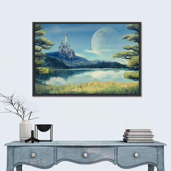 Gothic Castle by Moonlit Lake Canvas Wall Art