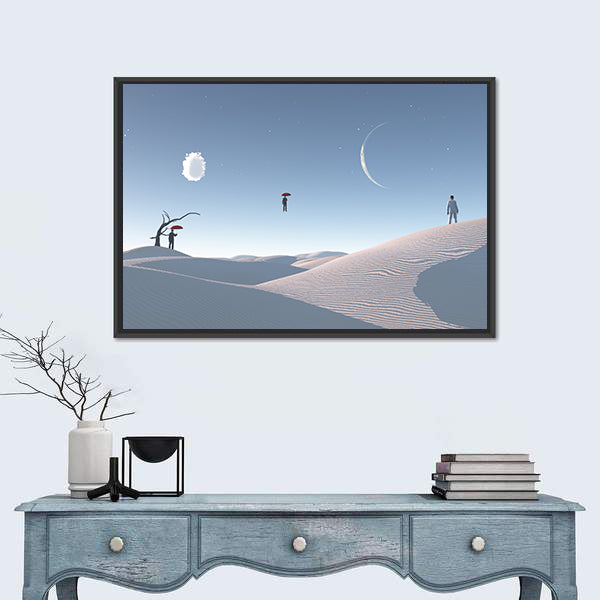 Floating Man with Umbrella in Surreal Desert Canvas Wall Art