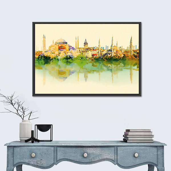 Istanbul Watercolor Skyline with Hagia Sophia Reflection Canvas Wall Art