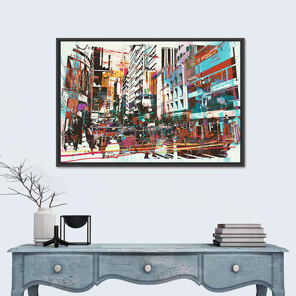 Energetic Abstract Cityscape in Cyan and Red Canvas Wall Art
