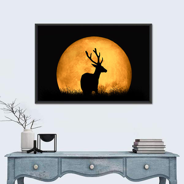 Deer Silhouette With Large Moon Canvas Wall Art