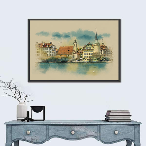 Sketch Of Lucerne Town In Switzerland Canvas Wall Art