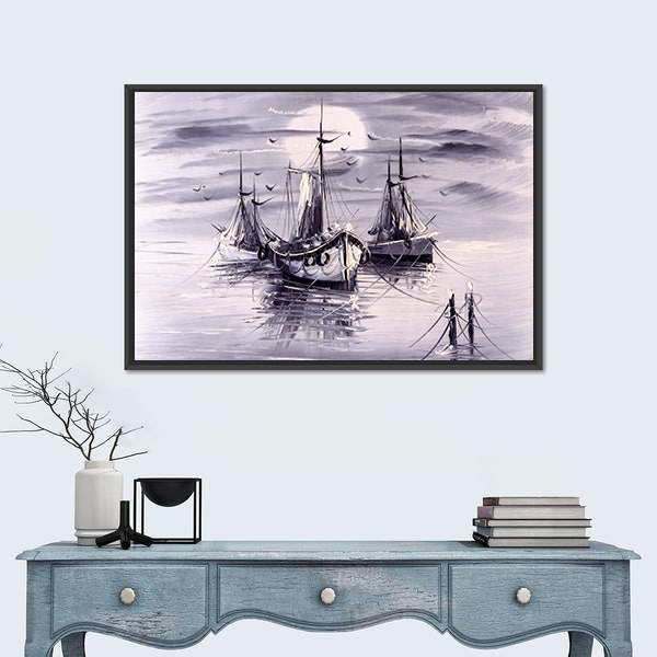 Moonlit Sailing Ships with Purple Reflections Canvas Wall Art