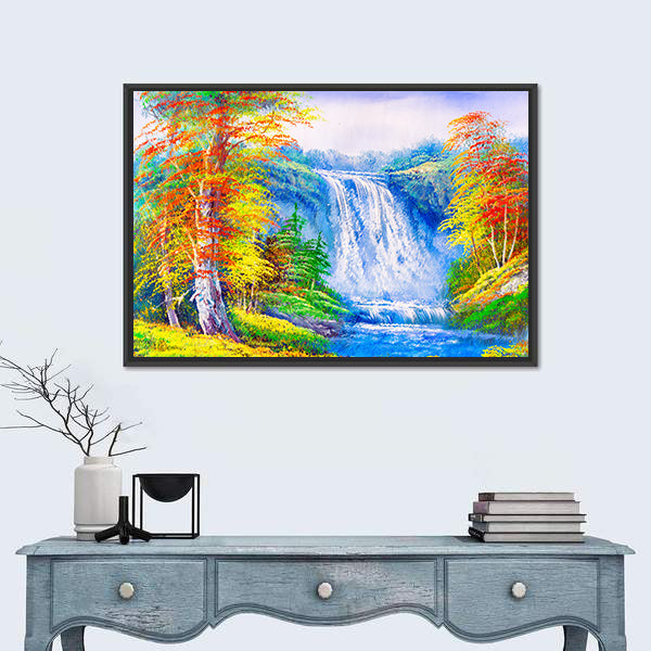 Autumn Waterfall with Colorful Foliage Canvas Wall Art