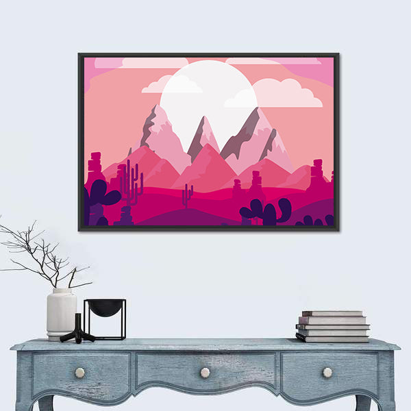 Desert Sunset Mountain Illustration Canvas Wall Art