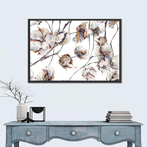 Cotton Bolls Watercolor Pattern Canvas Wall Art