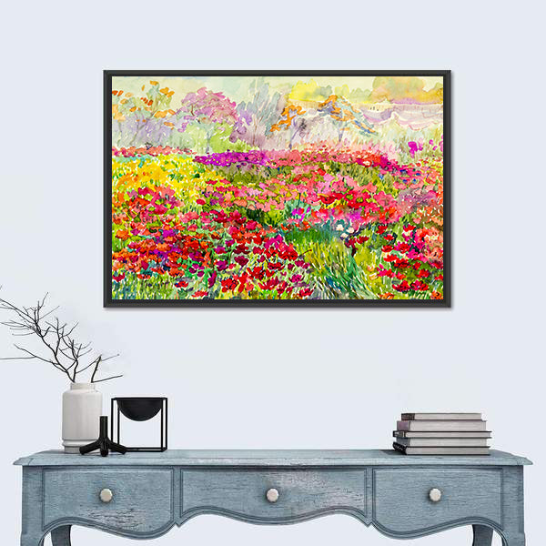Watercolor Poppy Field in Spring Canvas Wall Art
