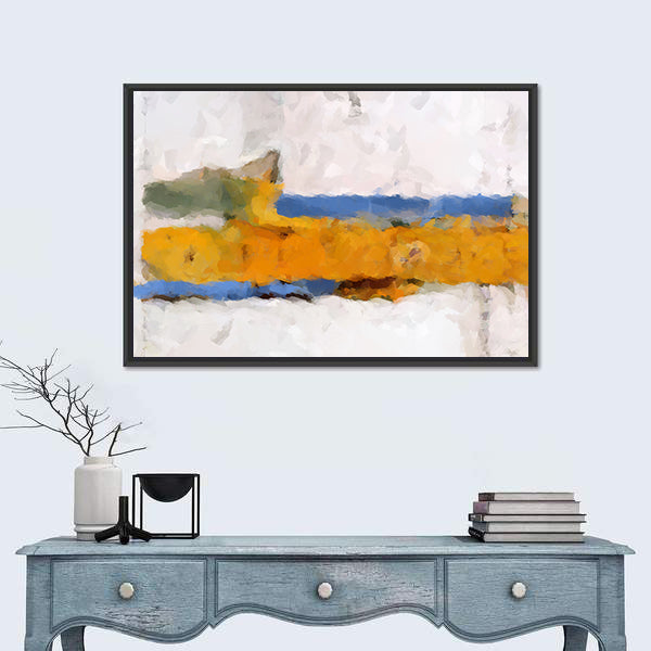 Ochre Yellow Band Abstract with Blue Accents Canvas Wall Art