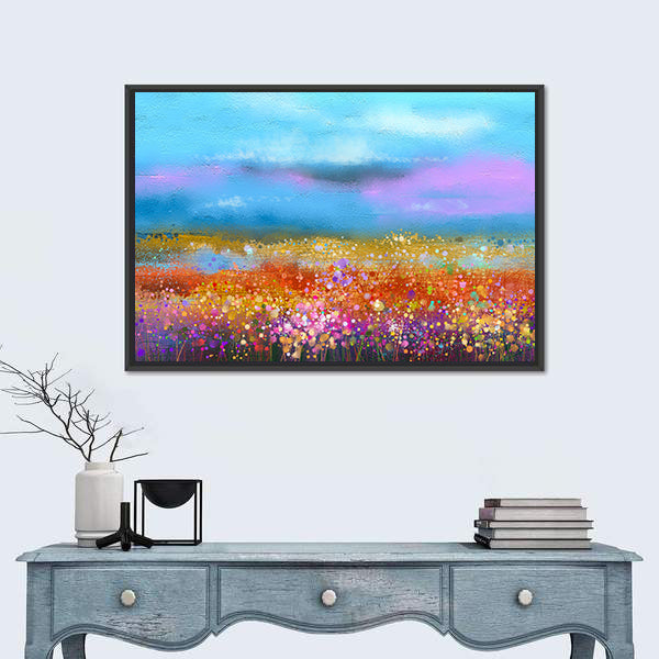 Watercolor Spring Meadow with Golden Horizon Canvas Wall Art