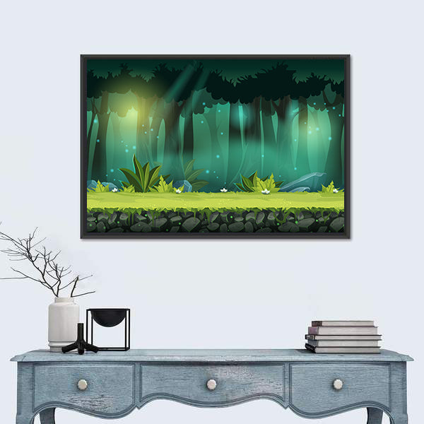 Magical Mist Forest with Fireflies Canvas Wall Art