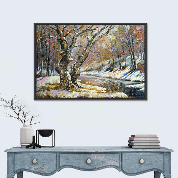 Winter River in Snowy Wood Canvas Wall Art
