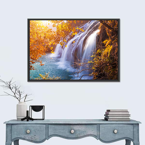 Autumn Waterfall with Sunlit Foliage Canvas Wall Art