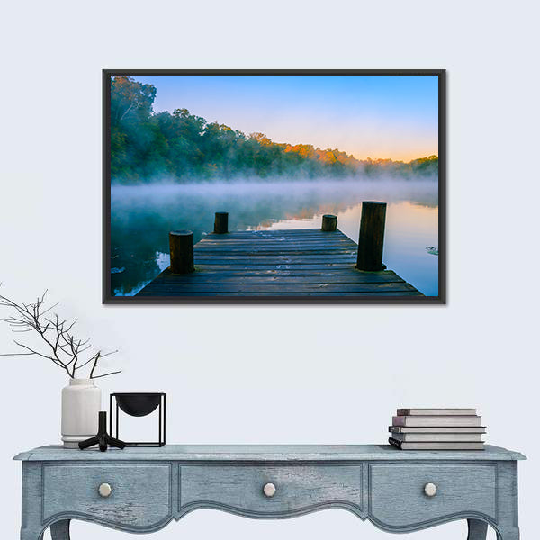Wooden Dock at Misty Forest Lake Canvas Wall Art
