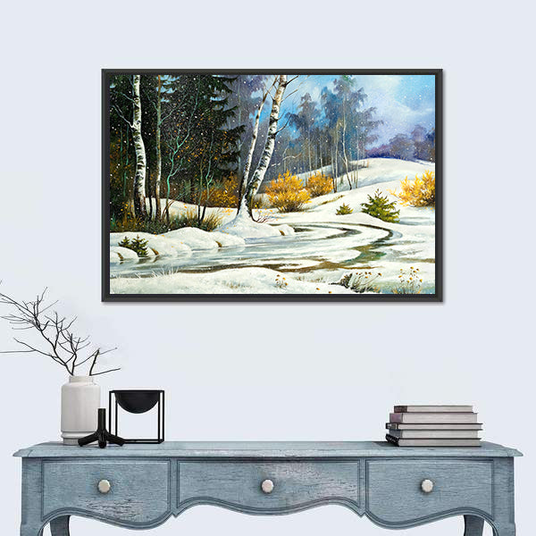 Winter Birch Forest with Frozen Stream Canvas Wall Art