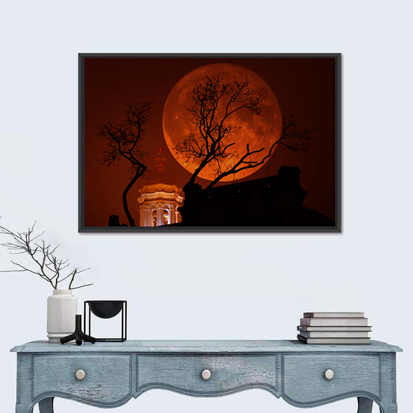 Blood Red Supermoon Over Illuminated Dome Canvas Wall Art