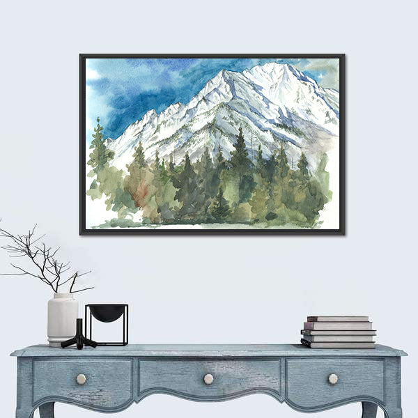 Watercolor Snow-capped Mountain and Forest Canvas Wall Art