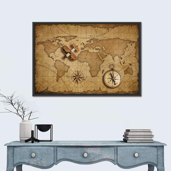 Small Wood Airplane Over World Nautical Map Canvas Wall Art