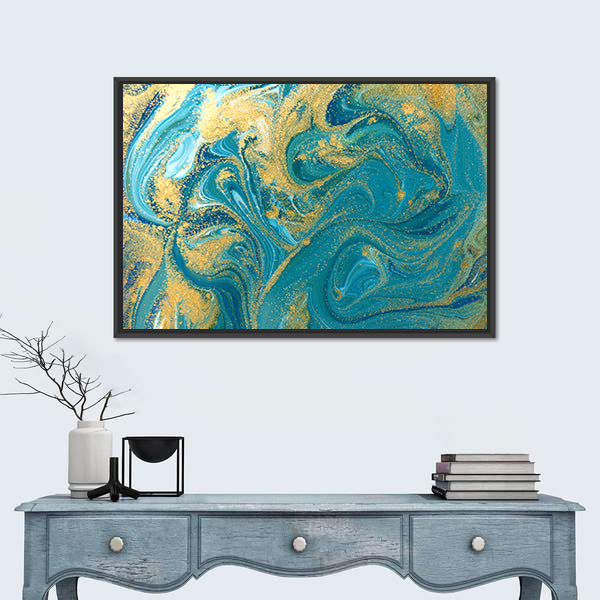 Teal Ink Marble with Gold Veins Canvas Wall Art