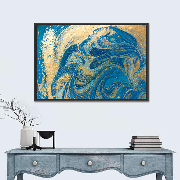 Hand Drawn Blue and Gold Marbling Canvas Wall Art